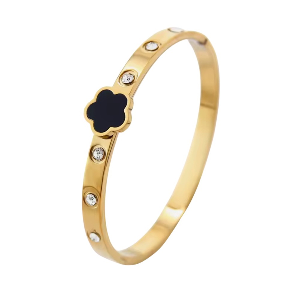 Black Flower CZ Gold Bangle Stainless Steel
